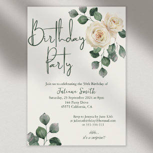White and Green Rose Adult Birthday Party  Invitation