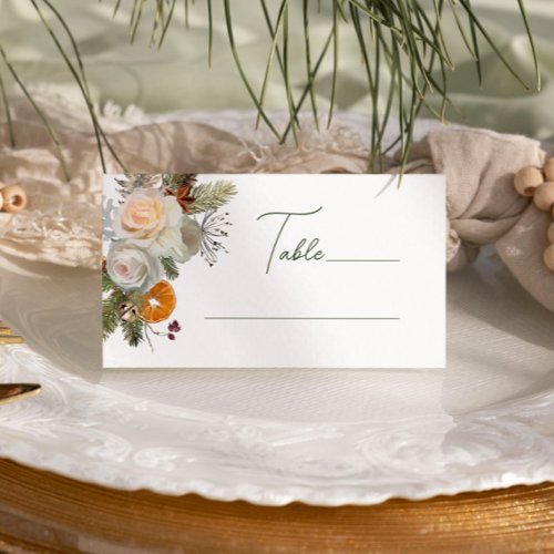 White and Green Rusitc Winter Wedding Foliage  Place Card