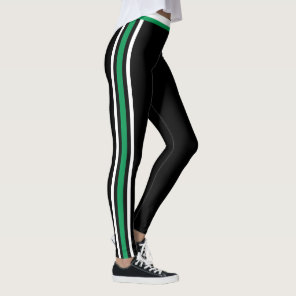 White and Green Side Stripes Black Leggings