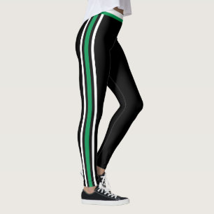 White and Green Side Stripes Black Leggings