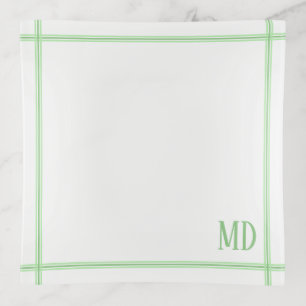 White and Green Striped Custom Initials Trinket Tray