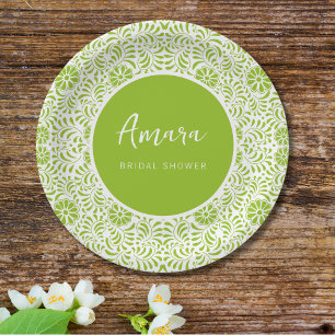 WHITE AND GREEN TALAVERA BRIDAL SHOWER PAPER PLATES