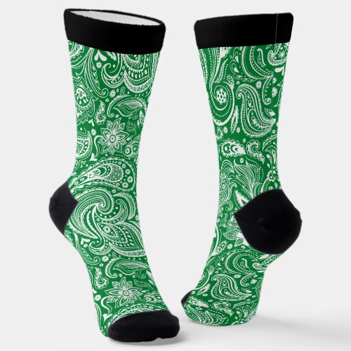 White and green vintage floral paisley pattern socks