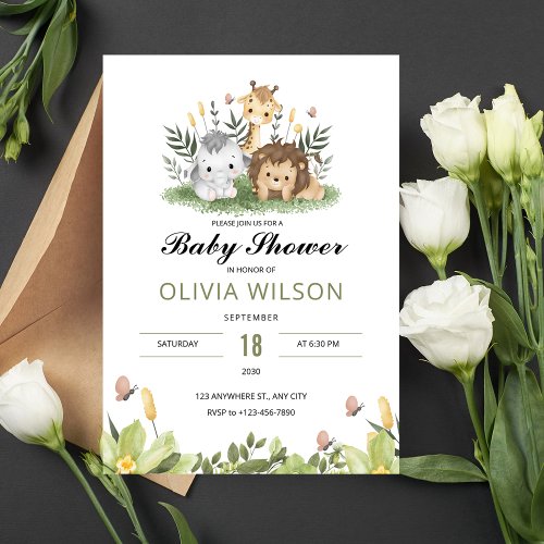 White and Green Watercolor Floral Baby Shower Invitation