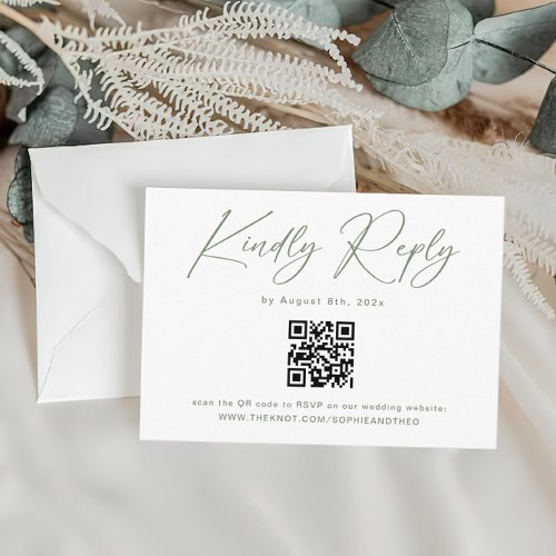 White and Green Wedding RSVP Qr Code Enclosure Card