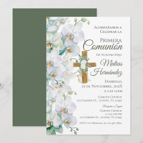 White and Greenery Floral First Communion Invitation