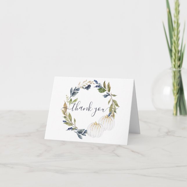 White and Greenery Pumpkin Thank You Card (Front)
