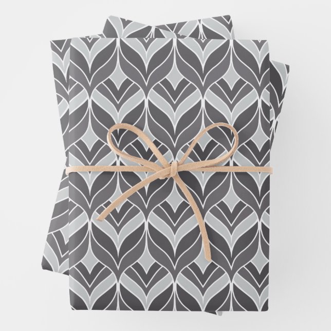 White and Grey Art Deco Pattern Wrapping Paper Sheets (In situ)
