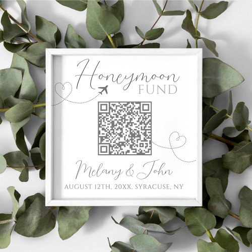White and Grey Cute Elegant QR Code Honeymoon Fund Poster