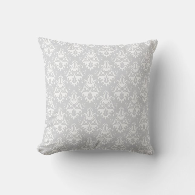 White and Grey Damask Pattern Throw Pillow (Front)