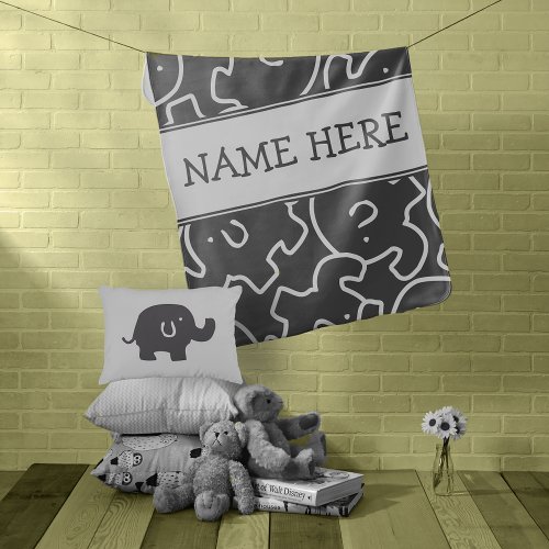 White And Grey Elephants Custom Name Baby Blanket