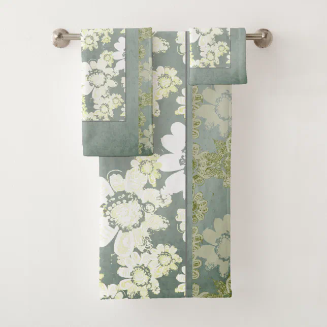 Gray And White Floral Bath Towels