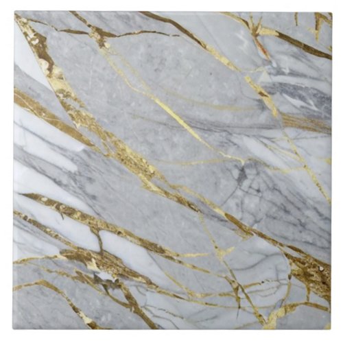 White and Grey Marble with Gold Accents Ceramic Tile