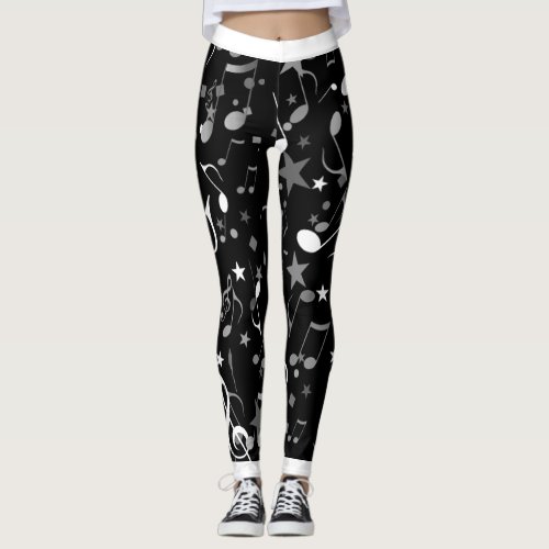 White and Grey Music Notes and White Trim on BLACK Leggings