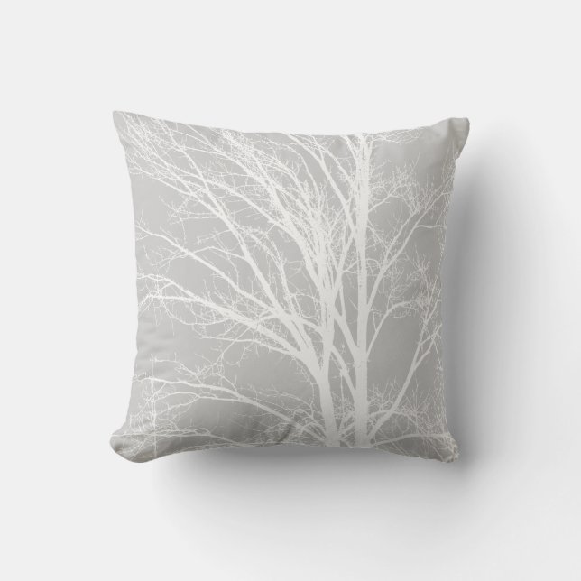 White and Grey Tree Branches Throw Pillow (Front)