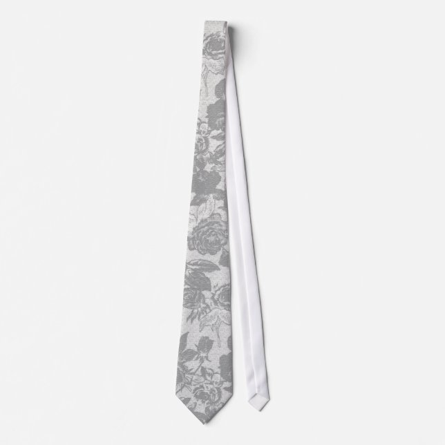 White and Grey Two Tone Foral Rose Pattern Neck Tie (Front)