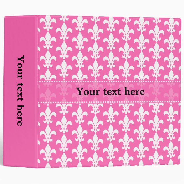 White and Hot Pink Fleur de Lis Pattern 3 Ring Binder (Front/Spine)
