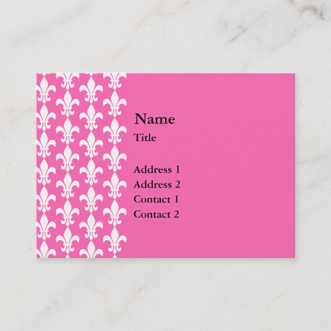 White and Hot Pink Fleur de Lis Pattern Business Card (Front)