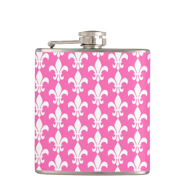White and Hot Pink Fleur de Lis Pattern Flask (Front)