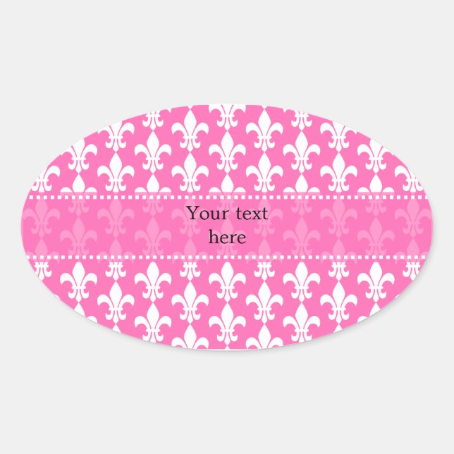 White and Hot Pink Fleur de Lis Pattern Oval Sticker (Front)