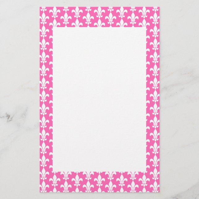 White and Hot Pink Fleur de Lis Pattern Stationery (Front)