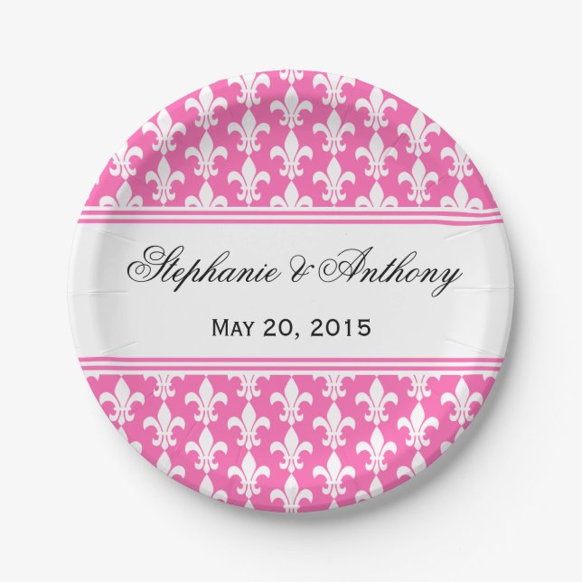 White and Hot Pink Fleur de Lis Wedding Paper Plates (Front)