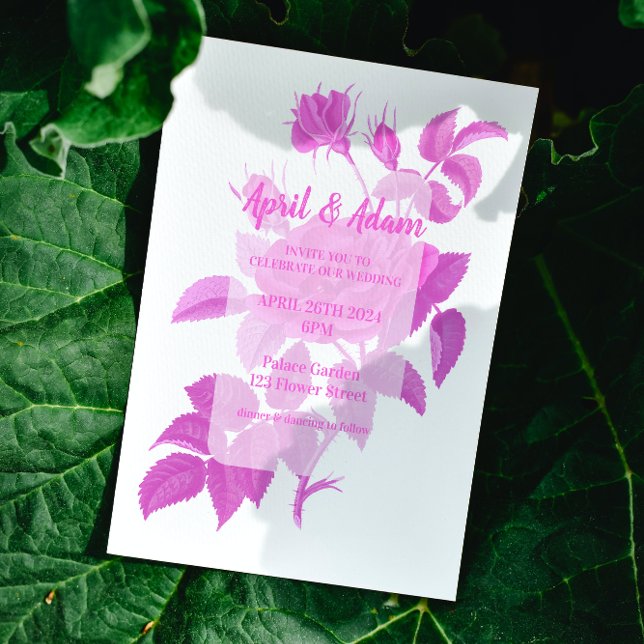 White and Hot Pink Floral Rose Wedding Invitation  (Creator Uploaded)