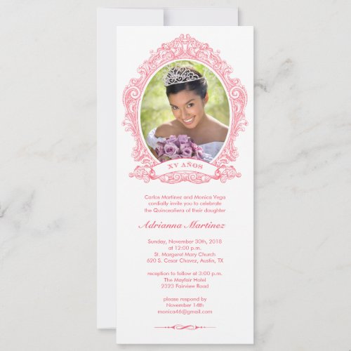 White and Hot Pink Quinceanera Photo Invitations