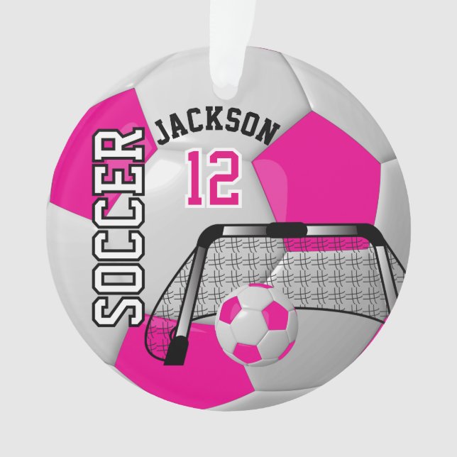 White and Hot Pink ⚽  Soccer Ball Ornament (Front)