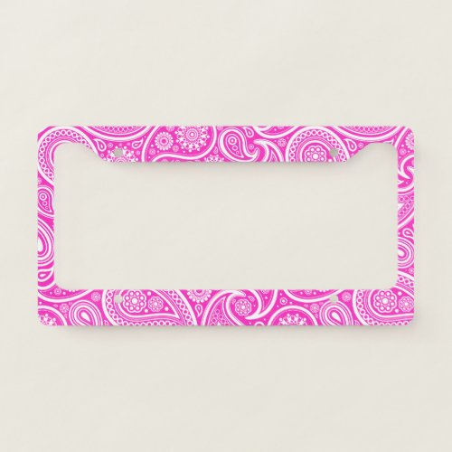 White and hot_pink vintage paisley pattern license plate frame