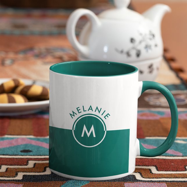White and hunter green split-screen monogram mug (Creator Uploaded)