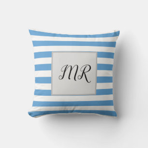 White And Light Blue Striped Monogram Throw Pillow