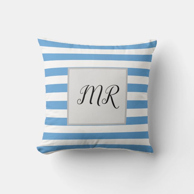 White And Light Blue Striped Monogram Throw Pillow (Front)