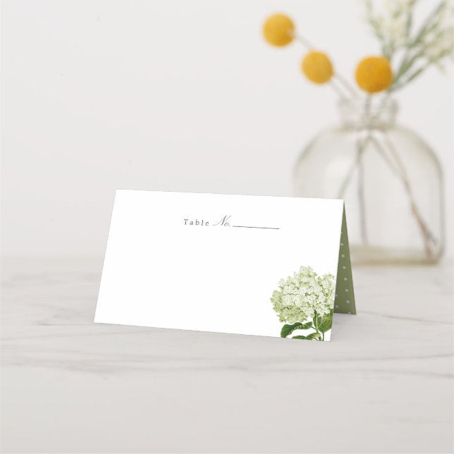 White and Light Green Hydrangea Blank Place Card (Front)