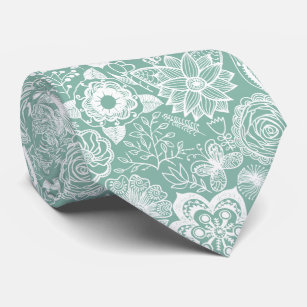White and Light green retro flowers pattern Neck Tie