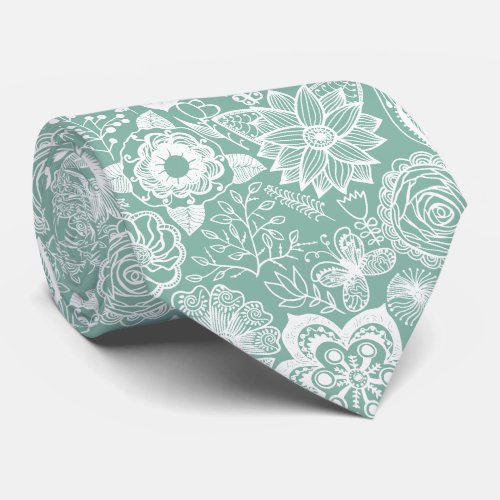 White and Light green retro flowers pattern Neck Tie