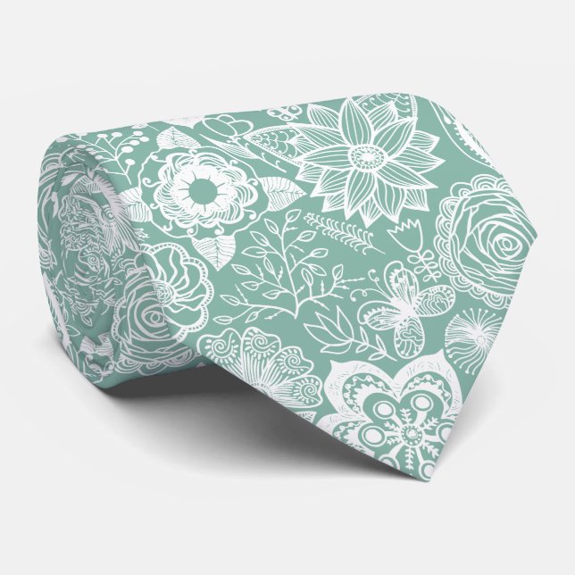 White and Light green retro flowers pattern Neck Tie (Rolled)