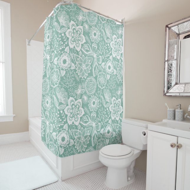 White and Light green retro flowers pattern Shower Curtain (In Situ)