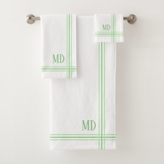 White and Light Green Striped Custom Initials Bath Towel Set (Insitu)