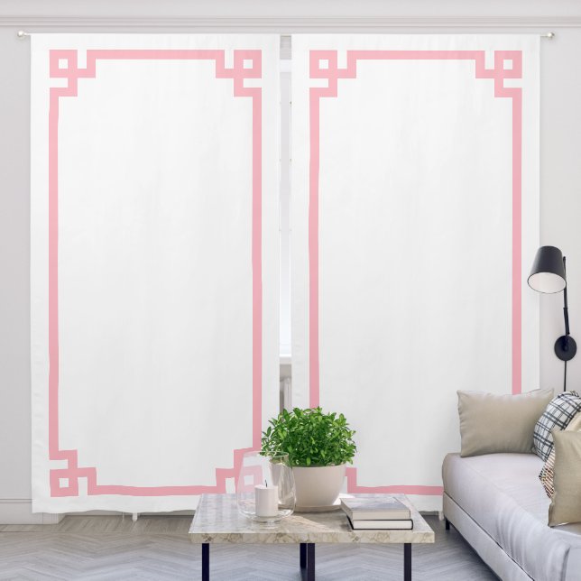 White and Light Pink Greek Key Border Blackout Curtains (Living Room)
