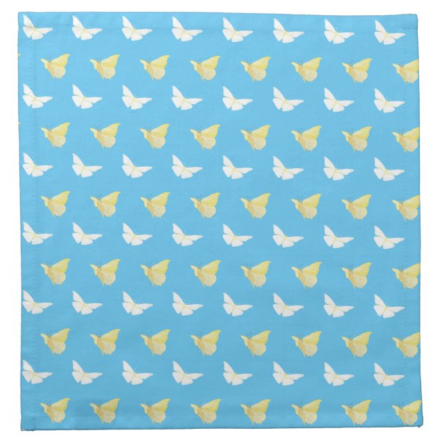 White and Light Yellow Butterflies Flying Blue Cloth Napkin (Front)