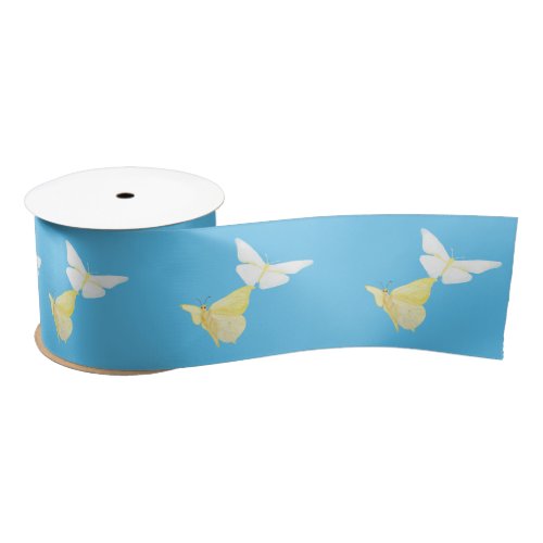 White and Light Yellow Butterflies Flying Blue Satin Ribbon