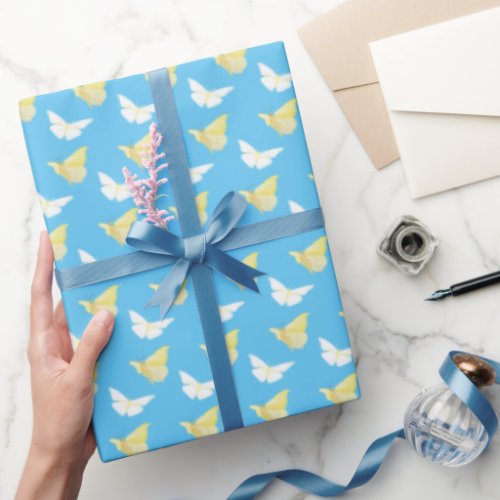 White and Light Yellow Butterflies Flying Blue Wrapping Paper
