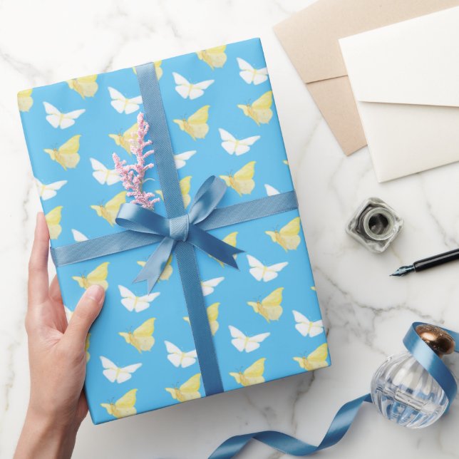 White and Light Yellow Butterflies Flying Blue Wrapping Paper (Gifting)