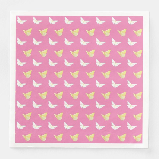White and Light Yellow Butterflies Flying Pink Paper Dinner Napkins (Front)