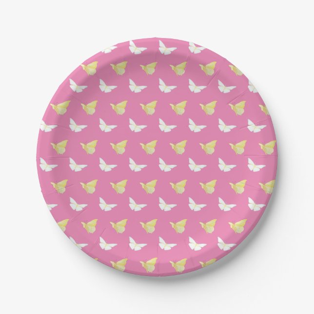 White and Light Yellow Butterflies Flying Pink Paper Plates (Front)