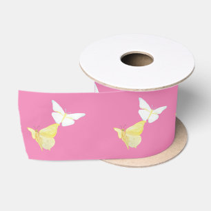 White and Light Yellow Butterflies Flying Pink Satin Ribbon