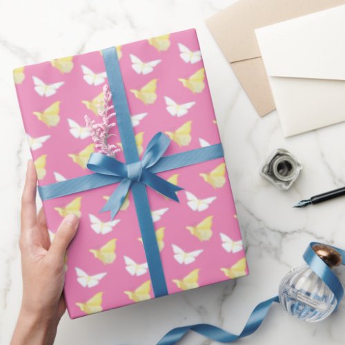 White and Light Yellow Butterflies Flying Pink Wrapping Paper