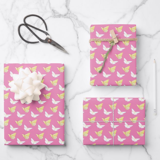 White and Light Yellow Butterflies Flying Pink Wrapping Paper Sheets (Front)