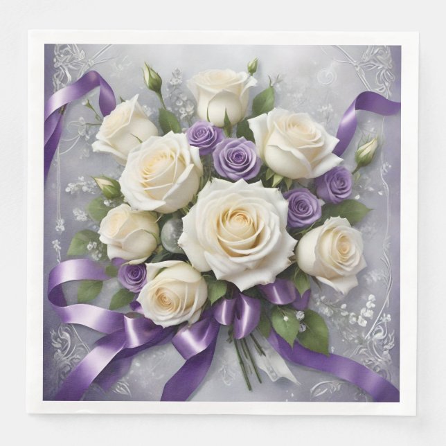 White and lilac roses bouquet with lilac ribbons paper dinner napkins (Front)
